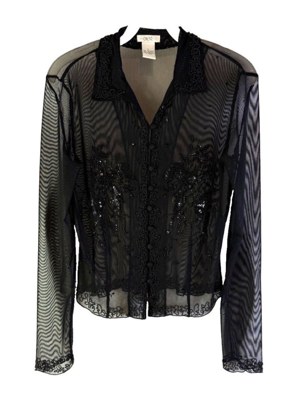 Vintage Y2K Cache Shirt Top Black Sheer Beaded Embellished Fairy